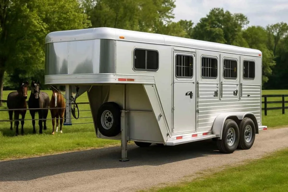 Horse trailer ready for the road beside a pasture