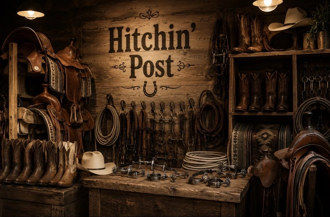 Hitchin&rsquo; Post Equine tack shop with saddles, boots, and riding gear